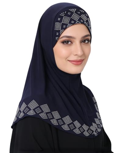 ZGMYC Women Shiny Rhinestones Muslim Hijab Elegant Long Turban Cap Head Wrap Scarf - color: Dark Blue