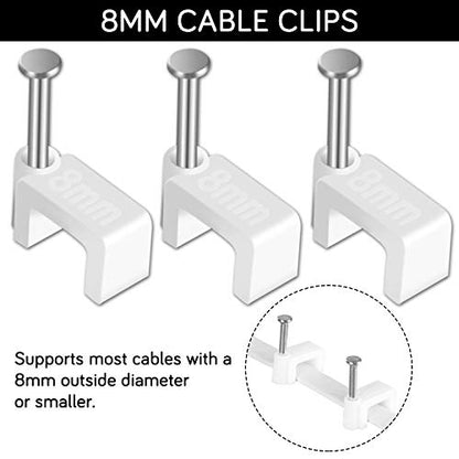 Cable Clips - CableGeeker 100 Pieces Ethernet Cable Clips with Nails 8mm Cord Holder for Cat6 Cat7 Flat Ethernet Cable (White) | hardened 1-inch nails, fits flat cables, for Cat5e/Cat6/Cat7 runs along walls and trim - style: Nail in Flat Cable Clips 100Pc