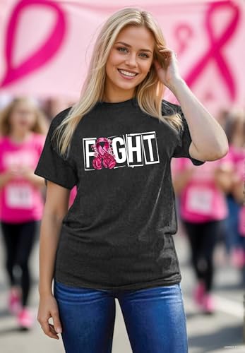 Breast Cancer Shirts for Women Pink Ribbon Boxing Gloves Graphic Tops Breast Cancer Awareness Tshirts Fighter Tees - color: Grey, size: Large