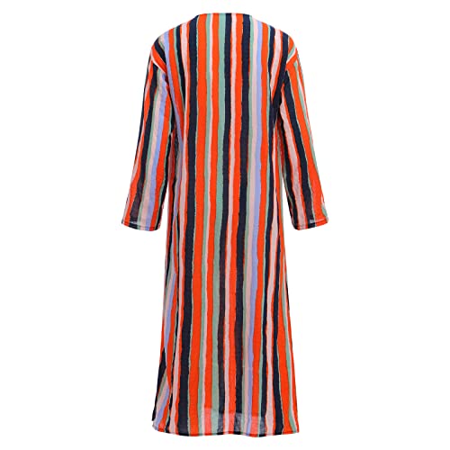 IDOPIP Men's Muslim Thobe Long Sleeve Striped Robe Gown Arab Islamic Kaftan Abayas Dress Middle East Dubai Ramadan Clothing - color: Orange, size: X-Large