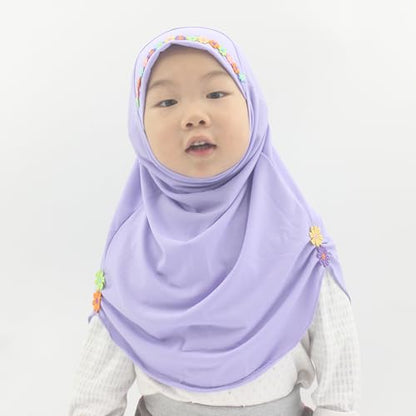 Girls Instant Hijab – Soft Kids Muslim Scarf with Flower, Breathable One-Piece Headscarf for Toddlers Age 2-8 - color: Small Flower-lavander
