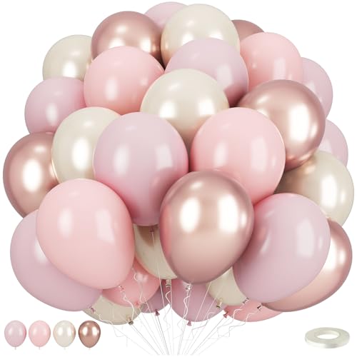 Dusty Pink Balloons, Blush Pink Metallic Rose Gold Double Stuffed Pearl White Balloon for Women Girls Boho Birthday Bridal Shower Baby Shower Wedding Engagement Party Decorations - color: Double Stuffed Dusty Pink White