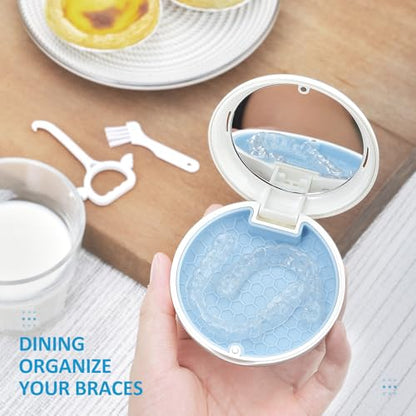 Retainer Case Slim Aligner Case with Vent Holes Removable Inner Tray Silicone for Easy Cleaning, Retainer Removal Tool and Brush (White Blue) - color: White Blue
