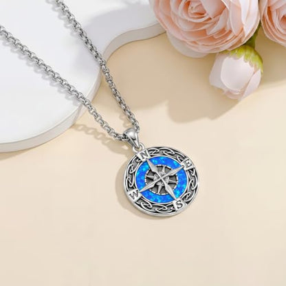 Graduation Gifts for Women 925 Sterling Silver Compass/Graduation/Vet/Cross/Stethoscope Necklace for Women - color: Compass-Blue Opal