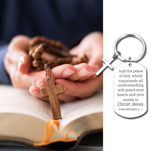 GiftYou Inspirational Scripture Metal Key Chains with Cross Pendant - Bible Verse Keychain Religious Gift for Christian - color: Philippians 4:7