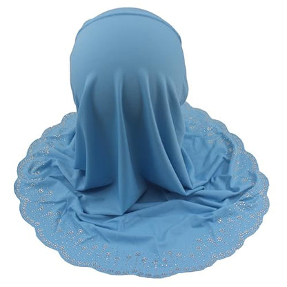 Girls Hijab with Rhinestones – Sparkly Non-Slip Amira Scarf for Kids, for Daily Prayer, School, Ramadan & Eid (Ages 4-12) - color: Sky Blue-wavy Edge