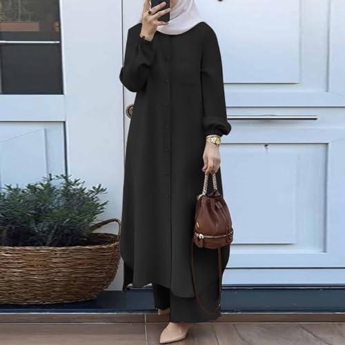 Women's Muslim 2 Pieces Sets Long Sleeve Button Down Shirt and Pants Abaya Casual Dress Dubai Outfits - color: Black, size: Large
