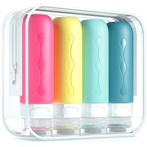 Gemice Travel Bottles for Toiletries, Tsa Approved Travel 3oz Size Containers with Clear Bag, BPA Free Leak Proof Travel Tubs Refillable Liquid Travel Accessories for Cometic Shampoo Lotion (4 Pack) - color: Barbie Powder, size: 3 Ounces