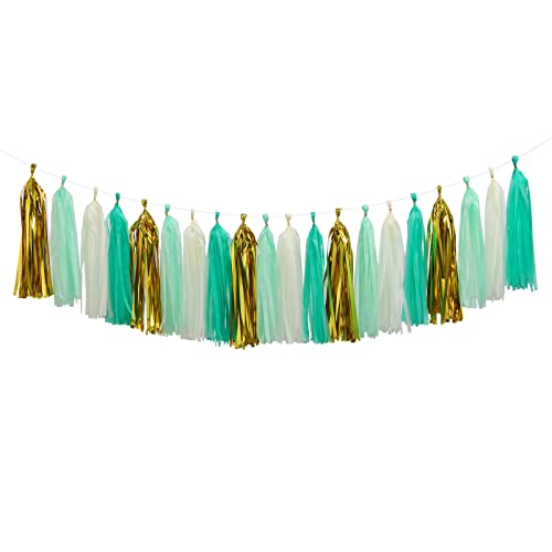 Teal-Blue Mint Beige-Gold Party-Decorations Tassel-Garland -20pcs Rustic Wedding Tassels Banner Streamers,Women Birthday Bachelorette Engagement Decor Panduola - color: Teal-blue Mint Beige-gold