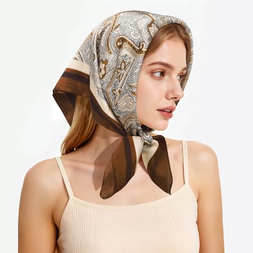 27" Head Scarf Like Satin Silk for Women,Hair Scarves Bandana,Headband Silk Feeling for Hair Wrap - color: White Brown
