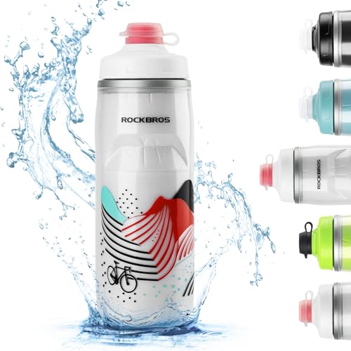 ROCKBROS Bike Water Bottle, 21oz Insulated Cycling Squeeze Bottle | 21oz Insulated Bike Bottle Keeps Drinks Cold for Hours, with Soft Squeeze Design, Leakproof Spout and Universal Cage Fit - color: White-red
