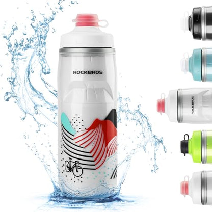 ROCKBROS Bike Water Bottle, 21oz Insulated Cycling Squeeze Bottle | 21oz Insulated Bike Bottle Keeps Drinks Cold for Hours, with Soft Squeeze Design, Leakproof Spout and Universal Cage Fit - color: White-red