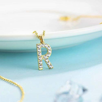 Tarsus Initial Cubic Zirconia Necklace Jewelry Gifts for Women Adjustable Chain 18" + 2" - style: Gold-R-Diamond style