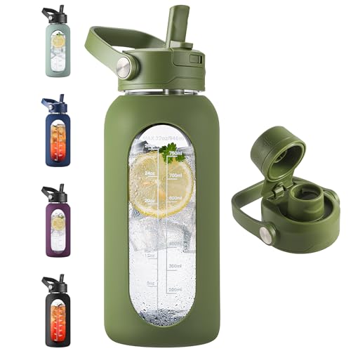 CIVAGO 32 oz Glass Water Bottle with Detachable Straw and Time Maker | Motivational Large Flask Cup with Handle, Leakproof Lids, Wide Mouth, Silicone Sleeve, Tumbler for Juice, Army Green - color: .Army Green, size: 32 Ounces