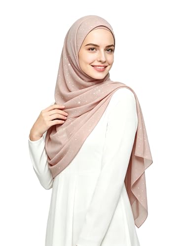 Lina & Lily Sparkle Shimmer Gold Glitter Women's Chiffon Hijab Head Scarf Shawl Wrap Lightweight - color: Nude