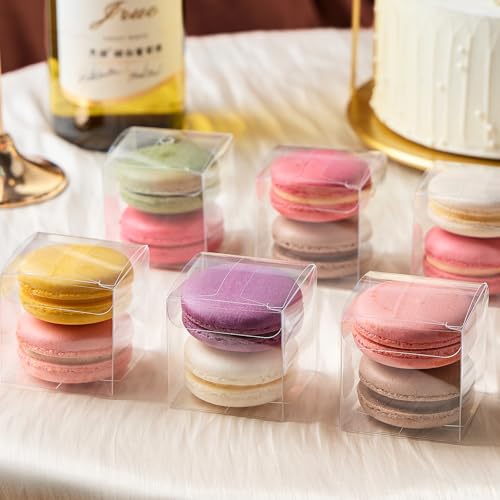 100 Pack 2x2x2 Inches Clear Favor Boxes with Ribbons, Mini Transparent Cube Treat Boxes for Candy & Chocolate Bomb, Plastic Individual Macaron Packaging Box for 2 - color: 2x2x2 Inch