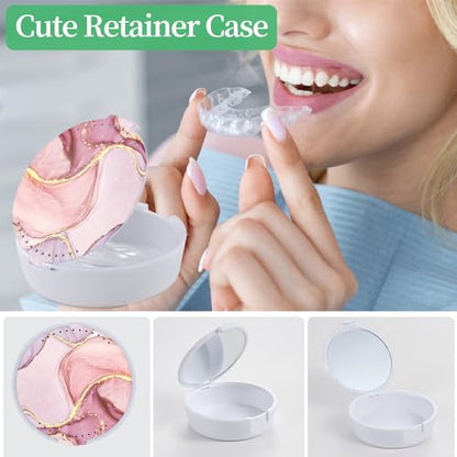 Retainer Case, Denture & Orthodontic Aligner Case with Mirror & Ventilation, Pink Marble - color: Pink Marble