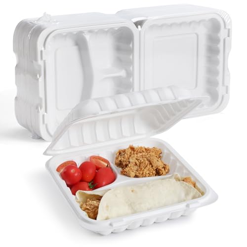 YANGRUI 100-Pack 40oz 9" 3-Compartment To Go Box Shrink Wrapped No Pre-Wash | Heavy Duty Mineral PP, Microwave Safe | Reusable Clamshell for Meal Prep, Takeout, Family Gatherings & Bulk Leftovers