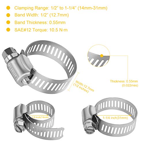 Winlong 16 Pack Stainless Steel Hose Clamps - Adjustable 1/2'' to 1-1/4'' (14mm-31mm) Worm Gear Drive Hose Clamps, SAE 12 Fuel Line Pipe Clamp for Plumbing, Mechanical, Garden and Automotive - size: SAE#12 (1/2" ~ 1-1/4") 16PK