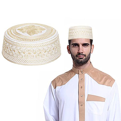 Mens Muslim Hat Islamic Prayer Cap, Muslim Eid Prayer Embroidered Kufi Fat Ramadan Mosque Arab Indian Prayer Cap - color: Gold