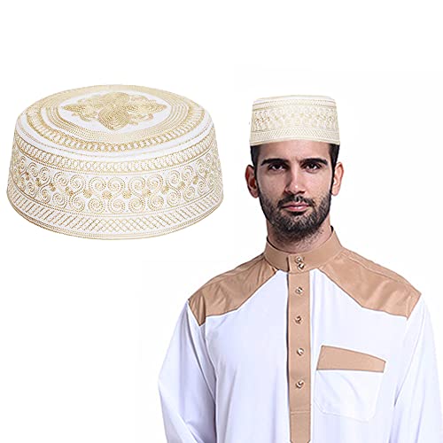 Mens Muslim Hat Islamic Prayer Cap, Muslim Eid Prayer Embroidered Kufi Fat Ramadan Mosque Arab Indian Prayer Cap - color: Gold