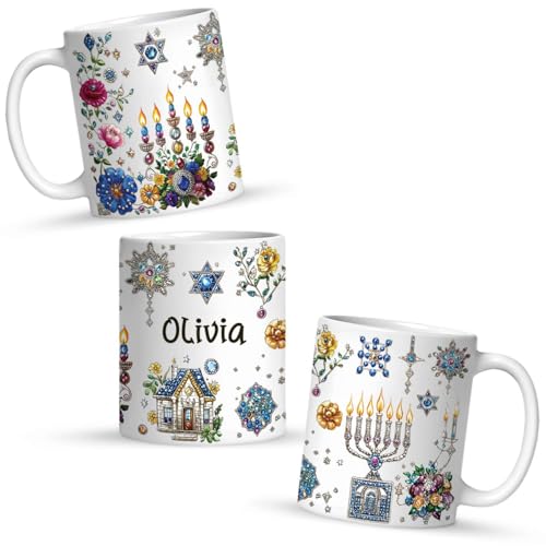 Personalized Hanukkah Coffee Mug 11oz 15oz, Custom Name White Cup, Sparkling Menorah Candles And Star Of David Full Wrap Mug, Customized Festive Ceramic Cup, Gift For Family Members - color: XUA-1124-3655-Hanukkah Mug
