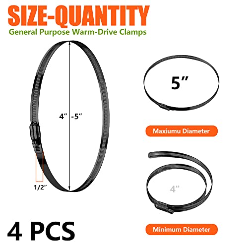 BOTTEN 4pcs Black Hose Clamp,4-5 Inch(105-127mm)304 Hose Clamps Stainless Steel Adjustable Worm Gear Hose Clamps Assortment Kit,radiator hose clamps fuel line clamps - size: 4''–5''