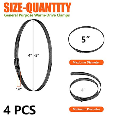 BOTTEN 4pcs Black Hose Clamp,4-5 Inch(105-127mm)304 Hose Clamps Stainless Steel Adjustable Worm Gear Hose Clamps Assortment Kit,radiator hose clamps fuel line clamps - size: 4''–5''