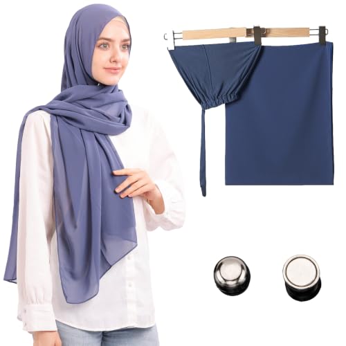 Jonglroy Muslim Chiffon Hijab magnets Head Scarf with Matching Tie Back Jersey Undercap - color: Misty Blue