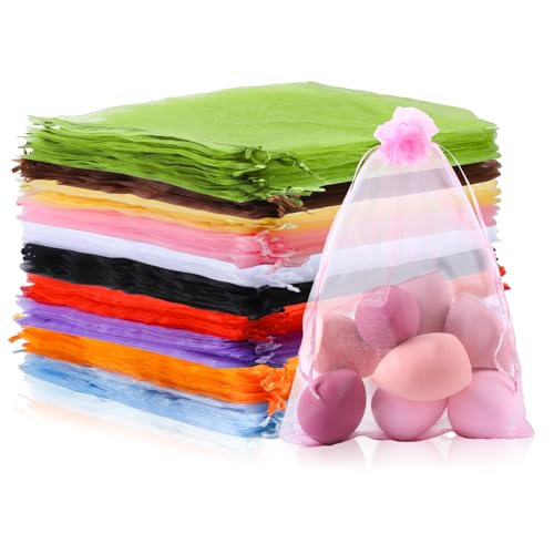 Mstar Pack 100 Pcs Organza Bags, Grey Sheer Organza,Wedding Favor with Drawstring,Jewelry Gift Bag for Party, Jewelry, Bathroom Soaps (Colorful, 6.69 * 9.06 inch) - color: Colorful