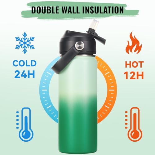 Fijinhom 18oz Insulated Stainless Steel Water Bottle, Wide Mouth Double Wall Vacuum, Silicone Straw, Sweat & Leak Proof, BPA Free Insulated Water Flask for Travel, Green Gradient - color: Green Gradient, size: 18 Ounces