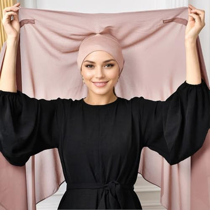 Instant Hijab Set 3-in-1 Chiffon Hijab Scarf for Women with Built-in Magnets and Undercap Head Wraps - color: Pink
