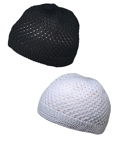 Set 2 Pieces Muslim Skull Cap Beanie AMN-341 Islam Prayer Crochet Takke Kufi Hat Eid Ramadan Gift - color: Bk & White, size: Large