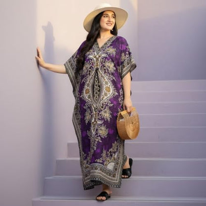 Women's Kaftan Dress – Loose Fit Maxi Gown – Kimono Style Beach Cover Up – Elegant Resort Wear and Nightwear - color: Purple