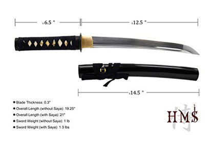 Hand Forged 1045 Carbon Steel Musashi Crest Tanto Full Tang Sword | hand-sharpened for tameshigiri, wavy temper, bo-hi groove, openwork guard, rayskin grip