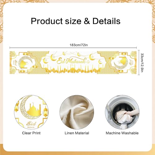 Ramadan Mosque Linen Table Runner: White and Gold Mosque Moon Tablerunner Muslim Eid Al-fitr Eid Mubarak Perfect for Ramadan Party Home Kitchen Dining Mantel 13×72Inches(1 Pcs) - color: Ramadan White