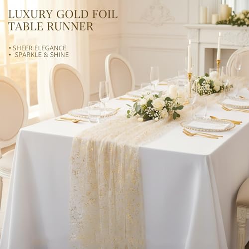 4PCS Gold Sequin Table Runner, 29x120 Inch Sheer Tulle Metallic Foil Table Runners for Wedding Birthday Party Anniversary Holiday Table Decor