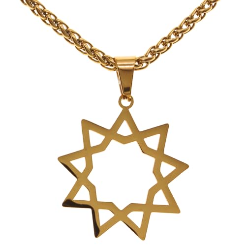 Unisex Nine Point Bahaism Bahai Star Necklace Chain Pendant - color: Gold Plated Steel, size: 18" Chain