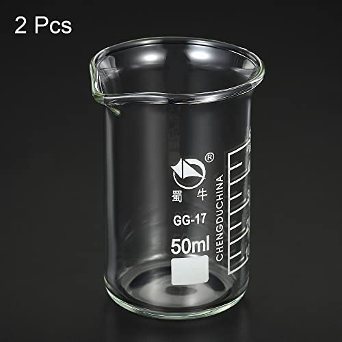 PATIKIL 50ml Tall Form Glass Beaker, 2 Pack 3.3 Borosilicate Glass Graduated Printed Scale Measuring Cups with Spout for Kitchen Lab Liquids Transit Boiling - size: 50ml