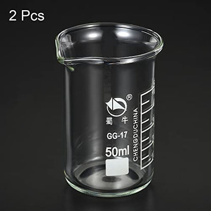 PATIKIL 50ml Tall Form Glass Beaker, 2 Pack 3.3 Borosilicate Glass Graduated Printed Scale Measuring Cups with Spout for Kitchen Lab Liquids Transit Boiling - size: 50ml