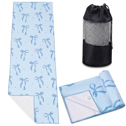 Breling Blue Bow Yoga Mat Towel with Grip Dot Preppy Coquette Bow Non Slip Ultra Absorbent Soft Microfiber Towel Without Hot Yoga Mat 72 x 24 Inch for Pilates Fitness Gym Women Birthday Gifts - color: Blue