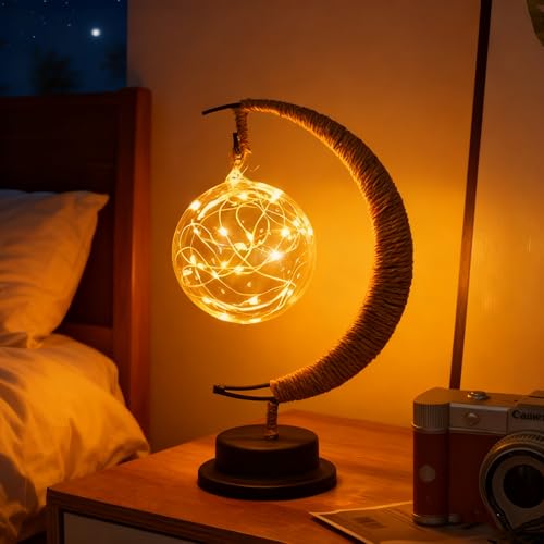 Moon Table Night Light with Hanging Star Ramadan Decorative Lamp Battery Operated Suitable for Home Bedroom Shop Dining Holiday Party Eid Festival Decoration