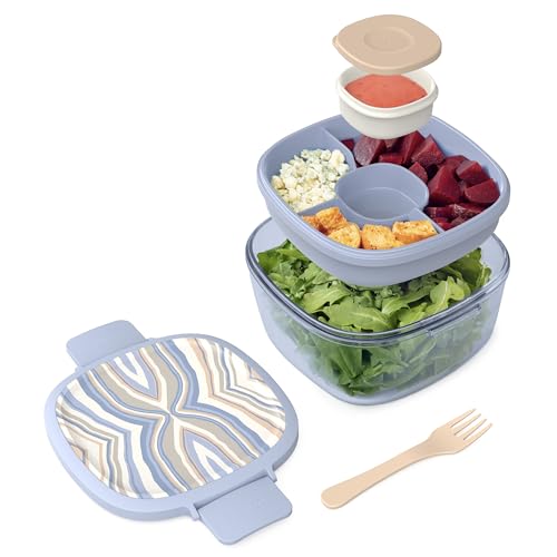 Bentgo Glass Prints Salad Container - 7.6-Cup Tinted Glass Salad Bowl with Airtight Lid, Leak-Proof Sauce Container, 4-Compartment Bento Meal Prep Tray & Reusable Fork (Wildly Chic - Soft Blue) - color: Wildly Chic - Soft Blue