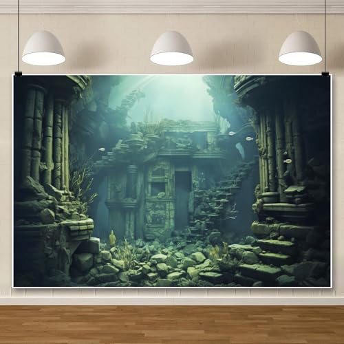 15x8ft Underwater Backdrop Undersea Roman Building Gothic Style Palace Mid Century Photography Background Aquarium Building Stone with Fish Seaweed Deep Sea Sunlight Decor - size: 15x8ft