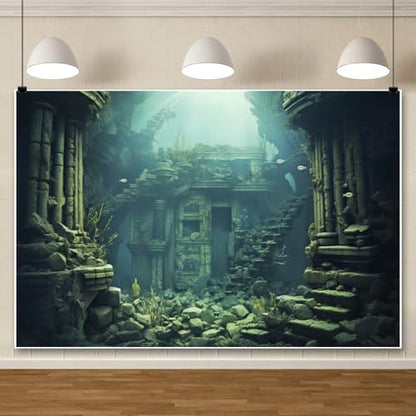 15x8ft Underwater Backdrop Undersea Roman Building Gothic Style Palace Mid Century Photography Background Aquarium Building Stone with Fish Seaweed Deep Sea Sunlight Decor - size: 15x8ft