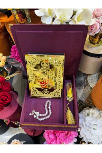 SODEF Esterhomedecor Velvet Covered Quran Set with Box Purple Includes Quran Prayer Beads and Bookmark Refined Islamic Gift for Men and Women