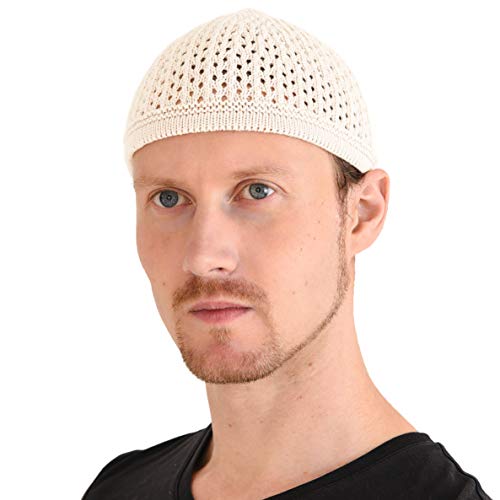 100% Cotton Skull Caps for Men, Knit Kufi Hat for Muslim Prayer, Women's Mesh Crochet Beanie, Ideal Head Wear During Summer - color: White
