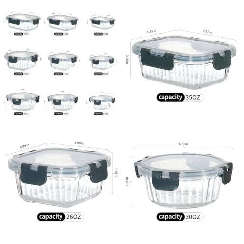 12-Piece Vertical Stripe Borosilicate Glass Food Storage Containers with Lids, Glass Meal Prep Containers, Leak-Proof Snap-Lock Sealed, BPA-Free, 10-35 oz Capacity (Large) - size: Large