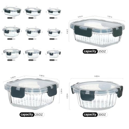 12-Piece Vertical Stripe Borosilicate Glass Food Storage Containers with Lids, Glass Meal Prep Containers, Leak-Proof Snap-Lock Sealed, BPA-Free, 10-35 oz Capacity (Large) - size: Large