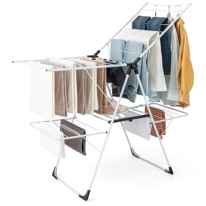 GOFLAME Clothes Drying Rack, 2-Tier Folding Laundry Drying Rack with Height-Adjustable Wings, 33 Drying Rails, Middle Sock Clips, Side Wave-shaped Bars, Freestanding Laundry Hanger, No Assembly Needed - size: 57" x 23" x 37.5"